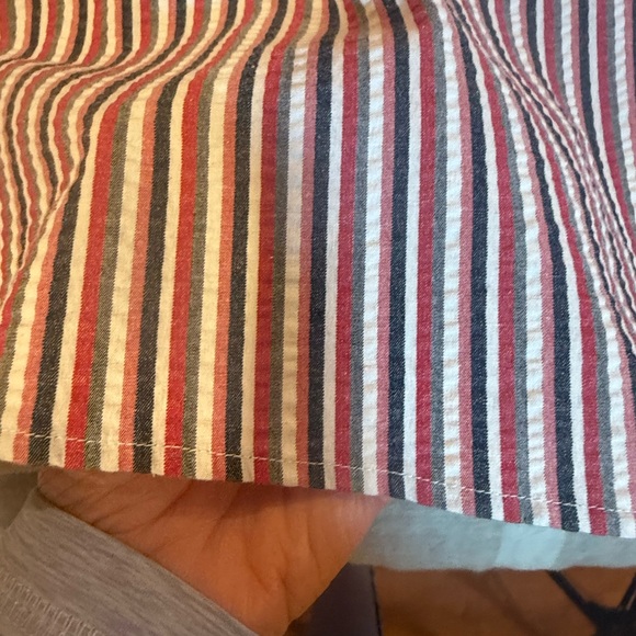 LOFT One Shoulder Summer Dress Red Blue gray white  seersucker nautical Stripe 8 - Picture 6 of 9